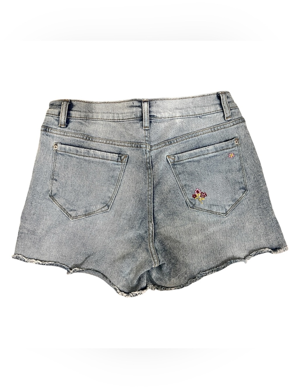 Kensie Light Wash Denim Cutoff Shorts with embroidered flowers on back pocket - Picture 3 of 4